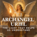 Archangel Uriel depicted inside a Catholic church holding a flame and scroll, symbolizing divine light, wisdom, and understanding