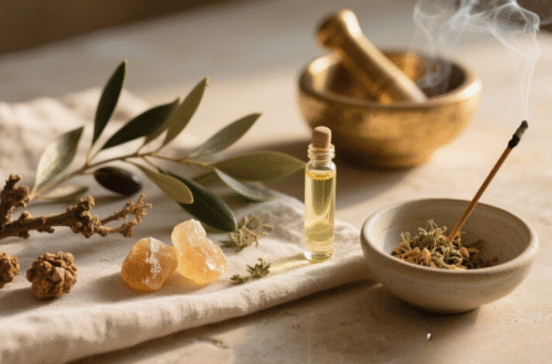 Frankincense resin and botanicals arranged in an ancient meets modern still life representing biblical worship and modern use