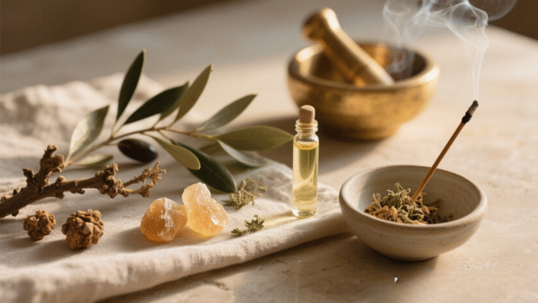 Frankincense resin and botanicals arranged in an ancient meets modern still life representing biblical worship and modern use
