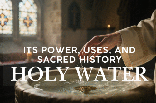 Stone holy water font inside an ancient Catholic church, symbolizing baptism, purification, and divine protection