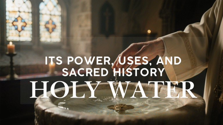 Stone holy water font inside an ancient Catholic church, symbolizing baptism, purification, and divine protection