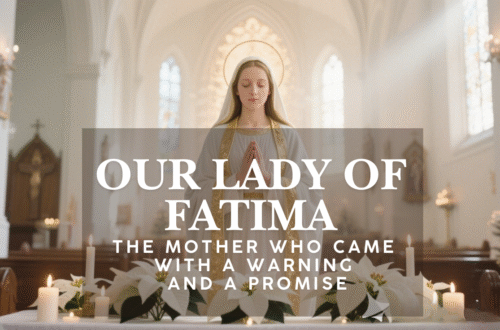 Our Lady of Fatima depicted inside a Catholic church, surrounded by candlelight, symbolizing prayer, repentance, and hope