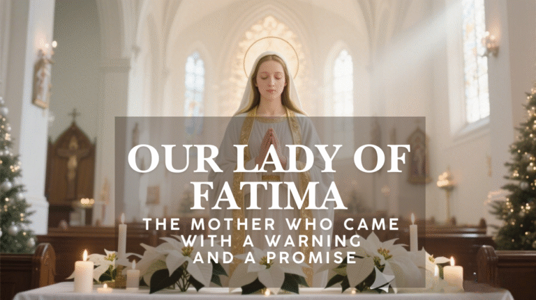 Our Lady of Fatima depicted inside a Catholic church, surrounded by candlelight, symbolizing prayer, repentance, and hope