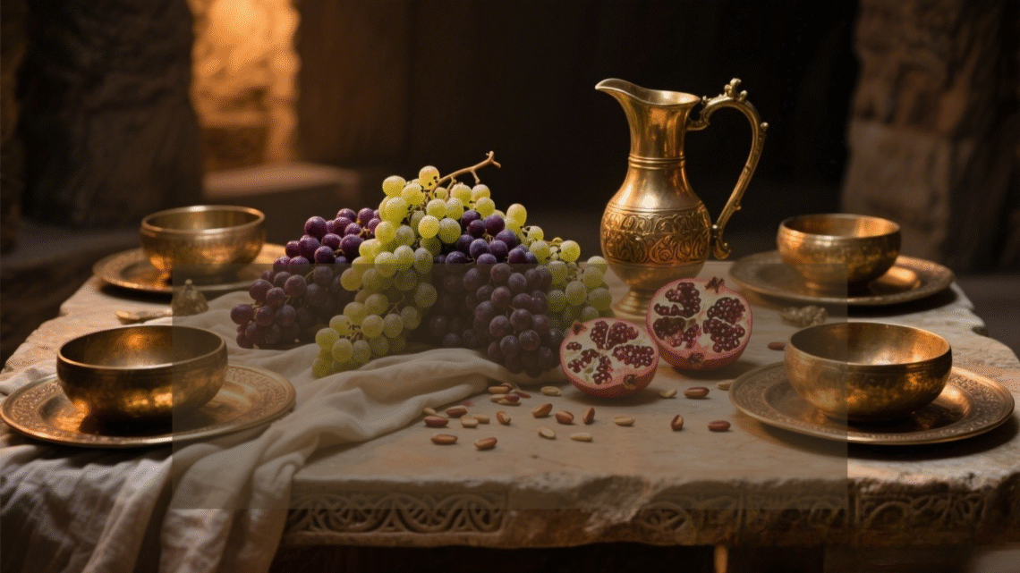 Ancient pomegranates and grapes arranged in a rustic setting, symbolizing biblical abundance, covenant, and spiritual renewal.