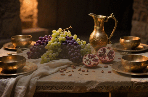 Ancient pomegranates and grapes arranged in a rustic setting, symbolizing biblical abundance, covenant, and spiritual renewal.