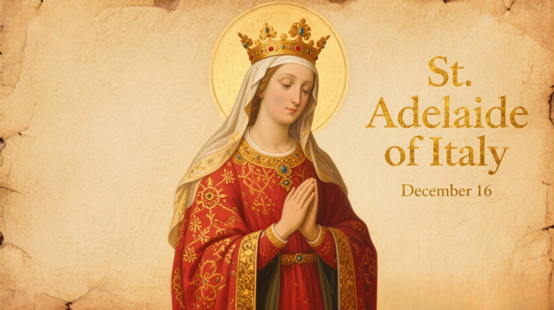 Sacred icon of Saint Adelaide of Italy wearing a crown and halo with hands folded in prayer