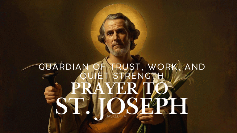 St. Joseph holding carpenter’s tools and lilies, symbolizing work, purity, and quiet strength, depicted as guardian and protector of the Holy Family.