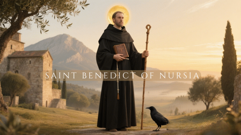 Saint Benedict of Nursia holding the Rule of Saint Benedict, patron saint of protection and monastic life