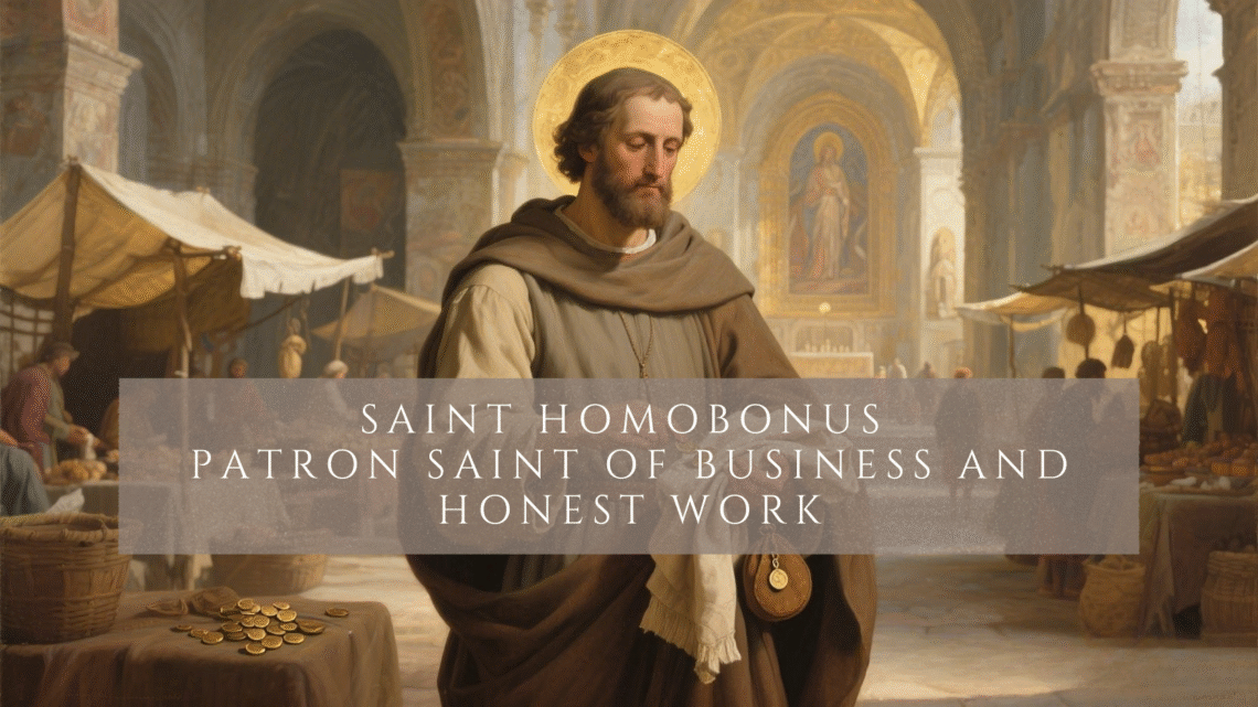 Saint Homobonus of Cremona holding cloth and coins, patron saint of business and honest work