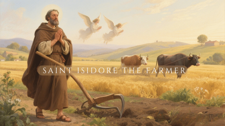 Saint Isidore the Farmer praying in the fields as angels plow the land