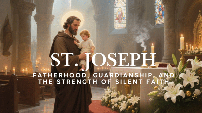 Saint Joseph standing in a candlelit Catholic church holding the Child Jesus, symbol of fatherhood, protection, and faithful guardianship