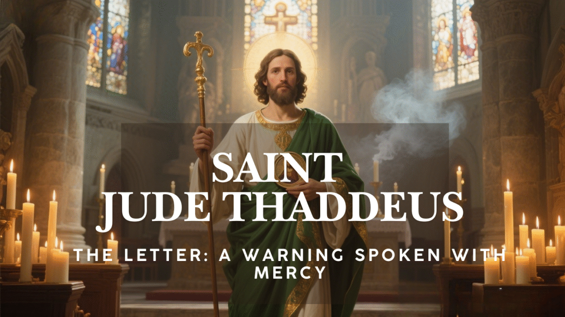 Saint Jude the Apostle depicted inside a Catholic church, holding a staff and image of Christ, symbolizing hope and perseverance