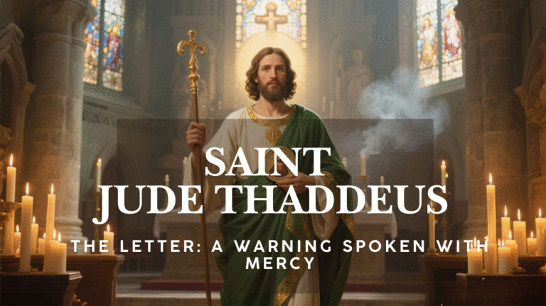 Saint Jude the Apostle depicted inside a Catholic church, holding a staff and image of Christ, symbolizing hope and perseverance