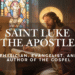 Saint Luke the Apostle depicted inside a Catholic church, holding the Gospel, surrounded by candlelight and sacred symbolism