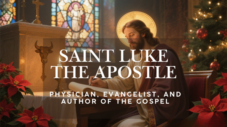 Saint Luke the Apostle depicted inside a Catholic church, holding the Gospel, surrounded by candlelight and sacred symbolism