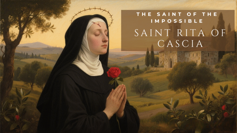 Saint Rita of Cascia holding a rose, patron saint of impossible causes and miracles