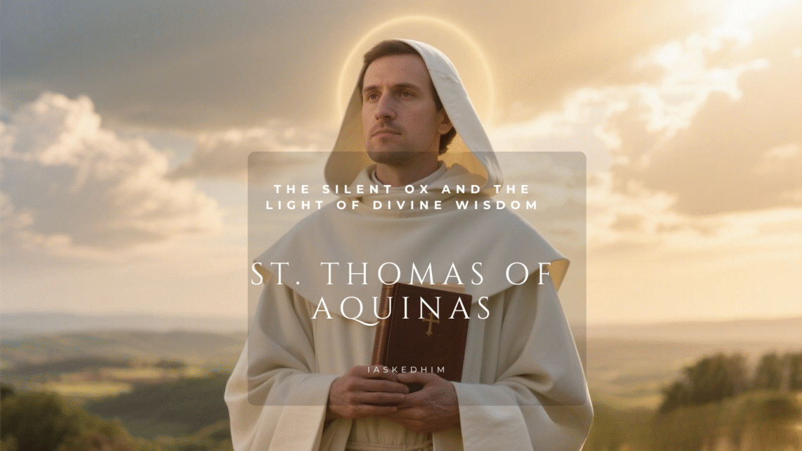 Saint Thomas Aquinas in a white Dominican habit holding a book, portrayed in a realistic devotional style with soft heavenly light