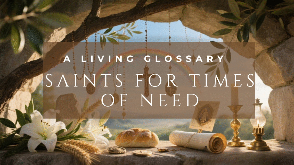 Catholic saints associated with work, provision, and livelihood represented through sacred relic symbolism in daylight