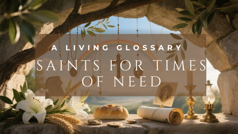 Catholic saints associated with work, provision, and livelihood represented through sacred relic symbolism in daylight