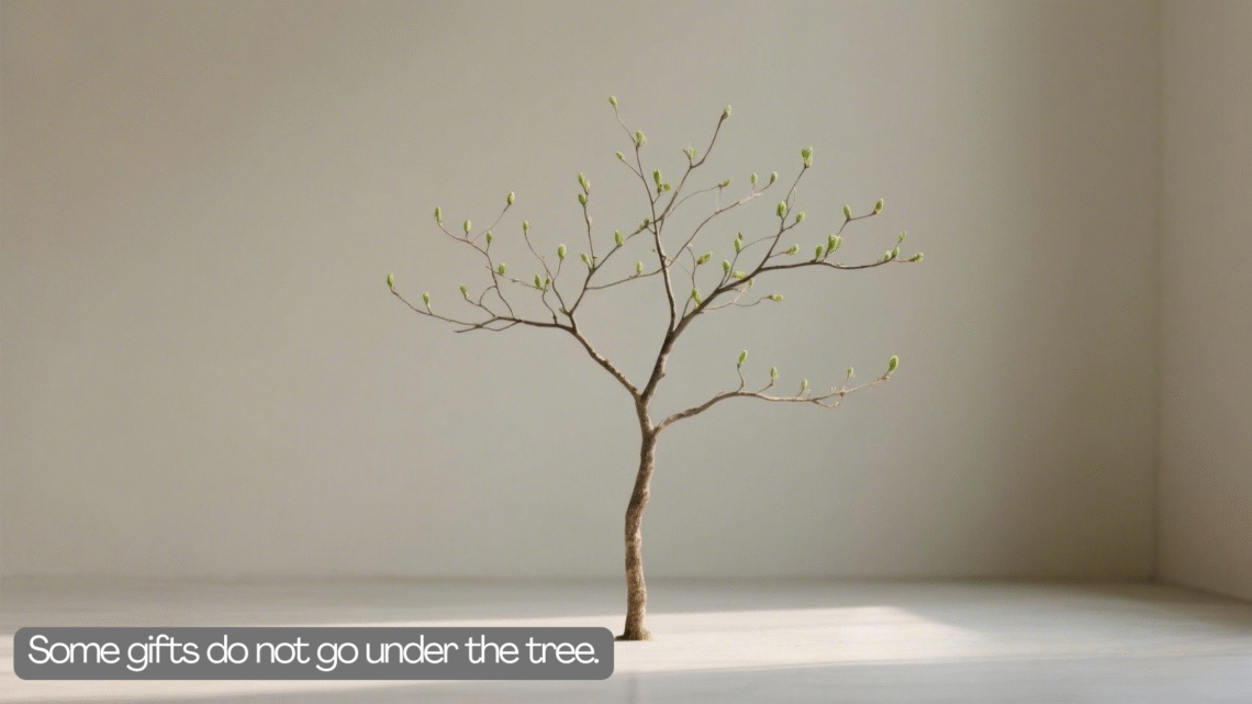 A small living tree rooted in soil with new green buds, symbolizing spiritual gifts, inner growth, faith, and life that cannot be bought.