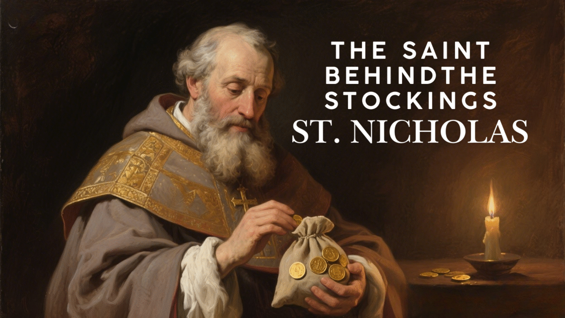 St. Nicholas of Myra holding gold coins, symbolizing the origin of Christmas stockings and his secret acts of charity