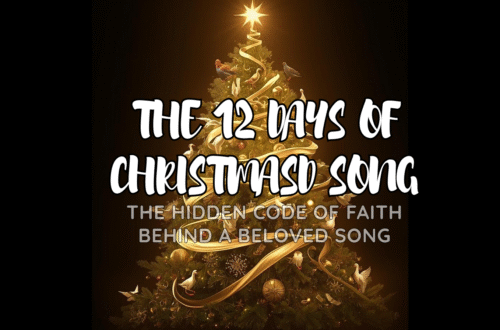 Illustration of the 12 Days of Christmas symbols arranged in a golden Christmas formation representing Christian teachings.