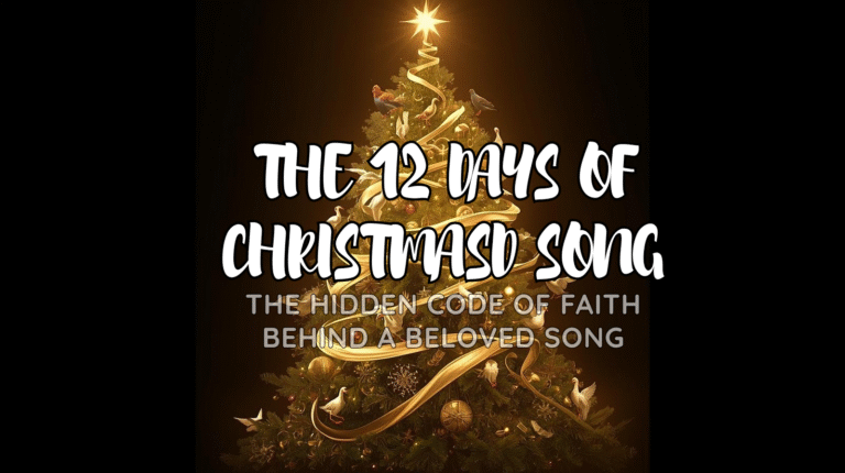 Illustration of the 12 Days of Christmas symbols arranged in a golden Christmas formation representing Christian teachings.