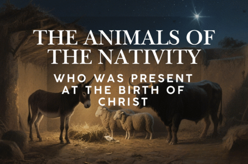 Animals present at the Nativity scene including the donkey, ox, and sheep gathered around the manger at the birth of Jesus.