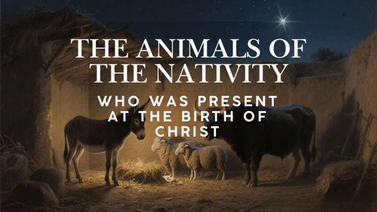 Animals present at the Nativity scene including the donkey, ox, and sheep gathered around the manger at the birth of Jesus.