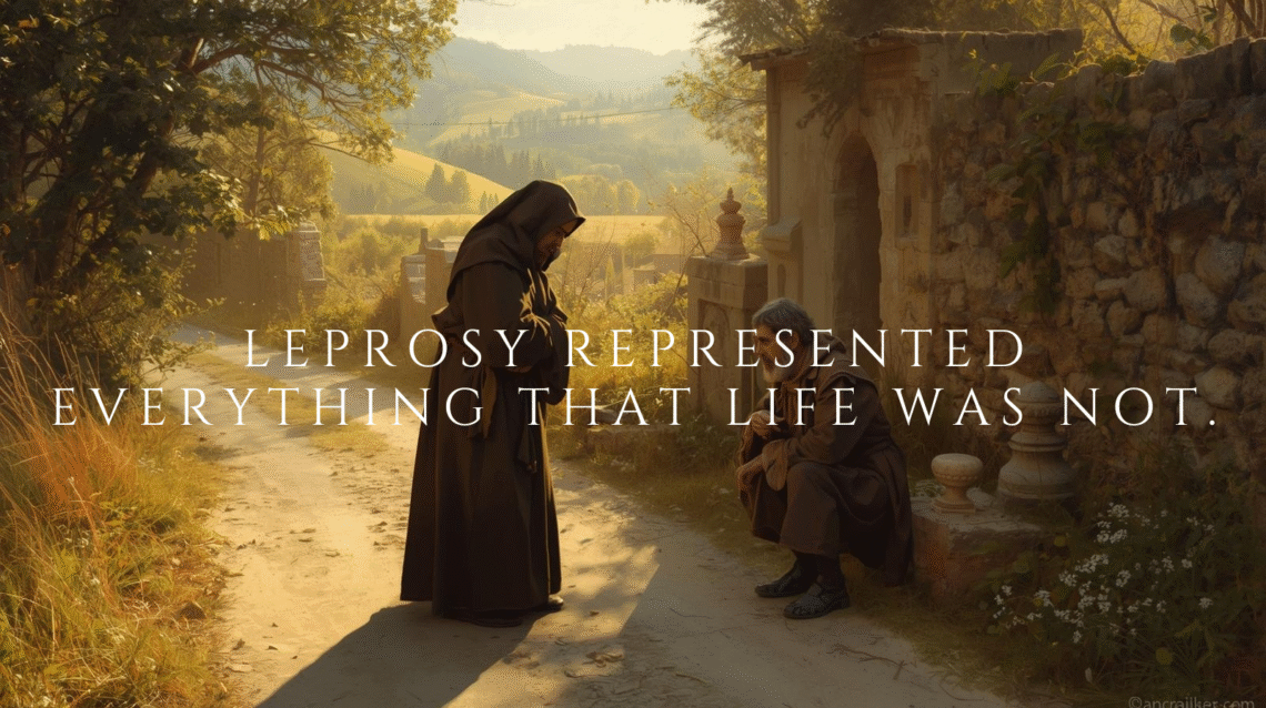 Saint Francis of Assisi pausing on a road near Assisi as he approaches a vulnerable man with humility and compassion