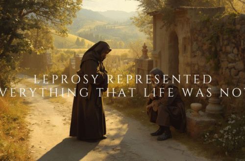 Saint Francis of Assisi pausing on a road near Assisi as he approaches a vulnerable man with humility and compassion