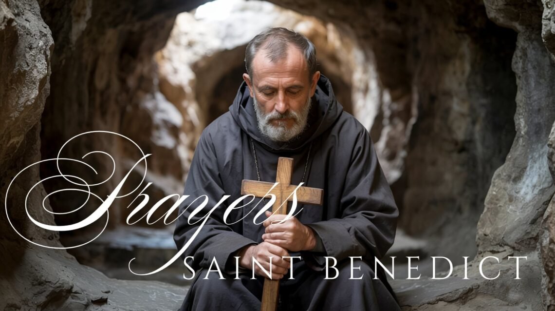 Saint Benedict of Nursia portrayed as an early Christian hermit monk praying in a cave while holding a wooden cross.