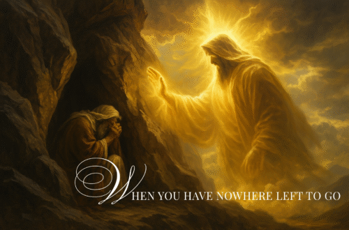A man kneels beneath a rock in despair as God’s light breaks through the storm, symbolizing surrender, dry bones, and God breathing new life into the soul.