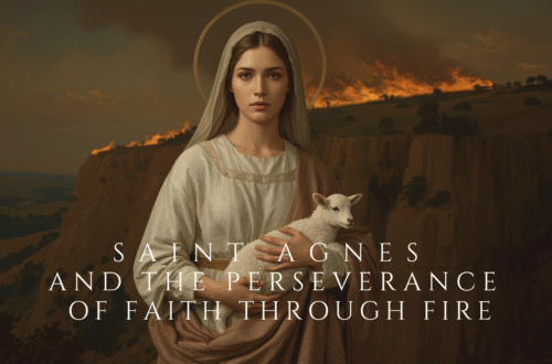 Saint Agnes holding a lamb with refining fire on a cliff behind her, symbolizing faith, perseverance, and trust in God through trial