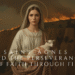 Saint Agnes holding a lamb with refining fire on a cliff behind her, symbolizing faith, perseverance, and trust in God through trial