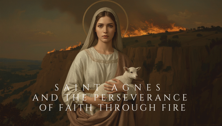 Saint Agnes holding a lamb with refining fire on a cliff behind her, symbolizing faith, perseverance, and trust in God through trial