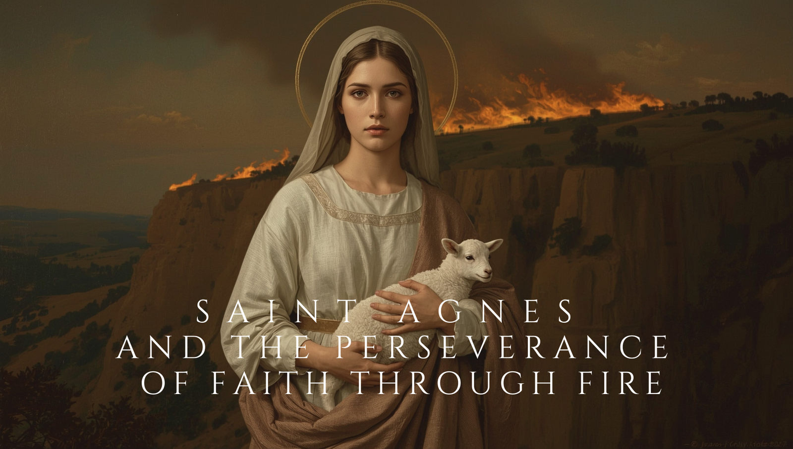 Saint Agnes holding a lamb with refining fire on a cliff behind her, symbolizing faith, perseverance, and trust in God through trial