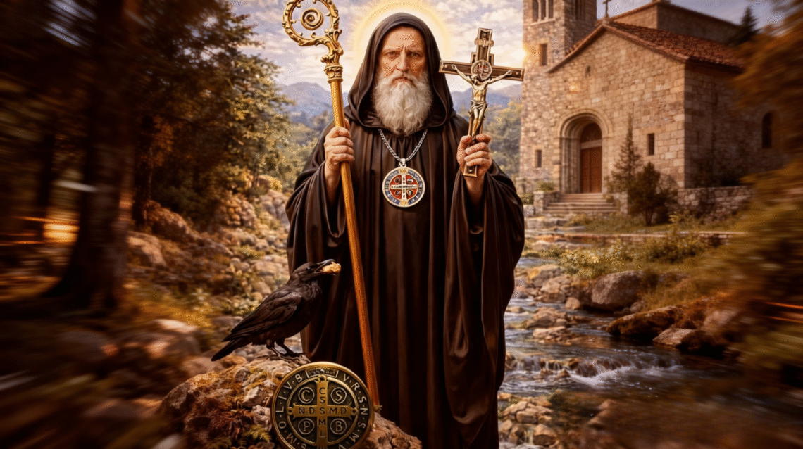 Saint Benedict holding the cross and medal, symbolizing prayer for protection, spiritual order, and the removal of evil