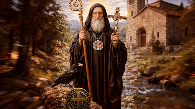 Saint Benedict holding the cross and medal, symbolizing prayer for protection, spiritual order, and the removal of evil