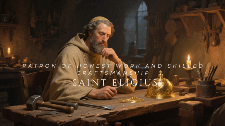 Saint Eligius depicted as a craftsman at work, symbolizing integrity, skill, and honesty in daily labor