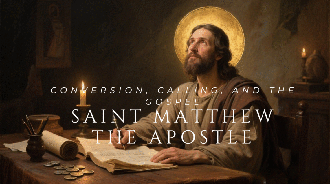 Saint Matthew the Apostle depicted writing the Gospel, symbolizing conversion, discipleship, and faithfulness to Christ