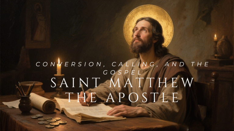 Saint Matthew the Apostle depicted writing the Gospel, symbolizing conversion, discipleship, and faithfulness to Christ