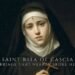Saint Rita of Cascia depicted as an Augustinian nun with a thorn cross on her forehead, symbolizing endurance, suffering, and faithful prayer during a difficult marriage.