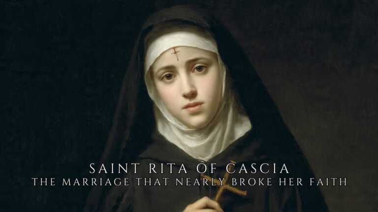 Saint Rita of Cascia depicted as an Augustinian nun with a thorn cross on her forehead, symbolizing endurance, suffering, and faithful prayer during a difficult marriage.