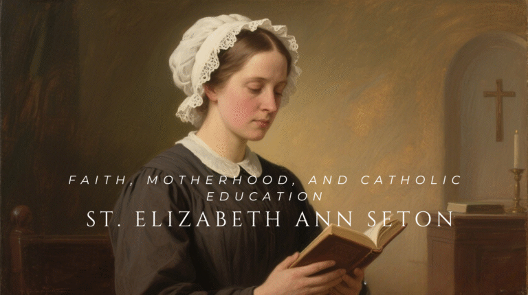 Saint Elizabeth Ann Seton depicted in early American attire, symbolizing faith, motherhood, and Catholic education