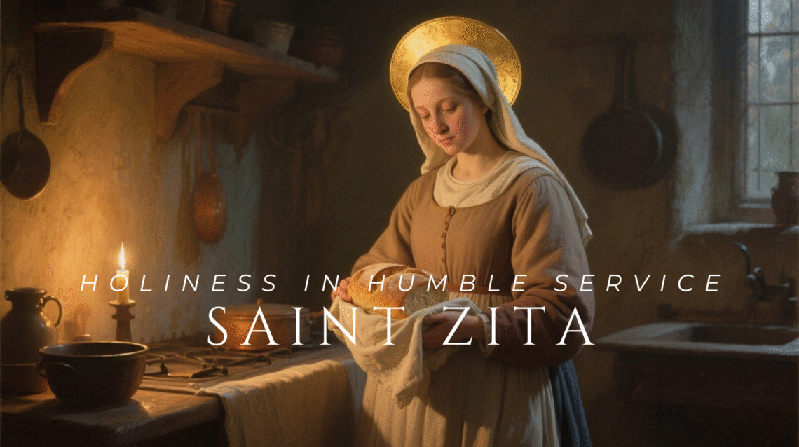 Saint Zita of Lucca depicted as a humble domestic servant, symbolizing faithful service, charity, and holiness in ordinary work