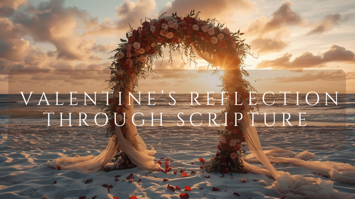 Floral wedding arch adorned with red, pink, and white roses on a beach at sunset, symbolizing covenant love, devotion, and the biblical meaning of love inspired by 1 Corinthians 13.