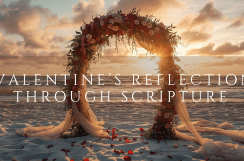Floral wedding arch adorned with red, pink, and white roses on a beach at sunset, symbolizing covenant love, devotion, and the biblical meaning of love inspired by 1 Corinthians 13.