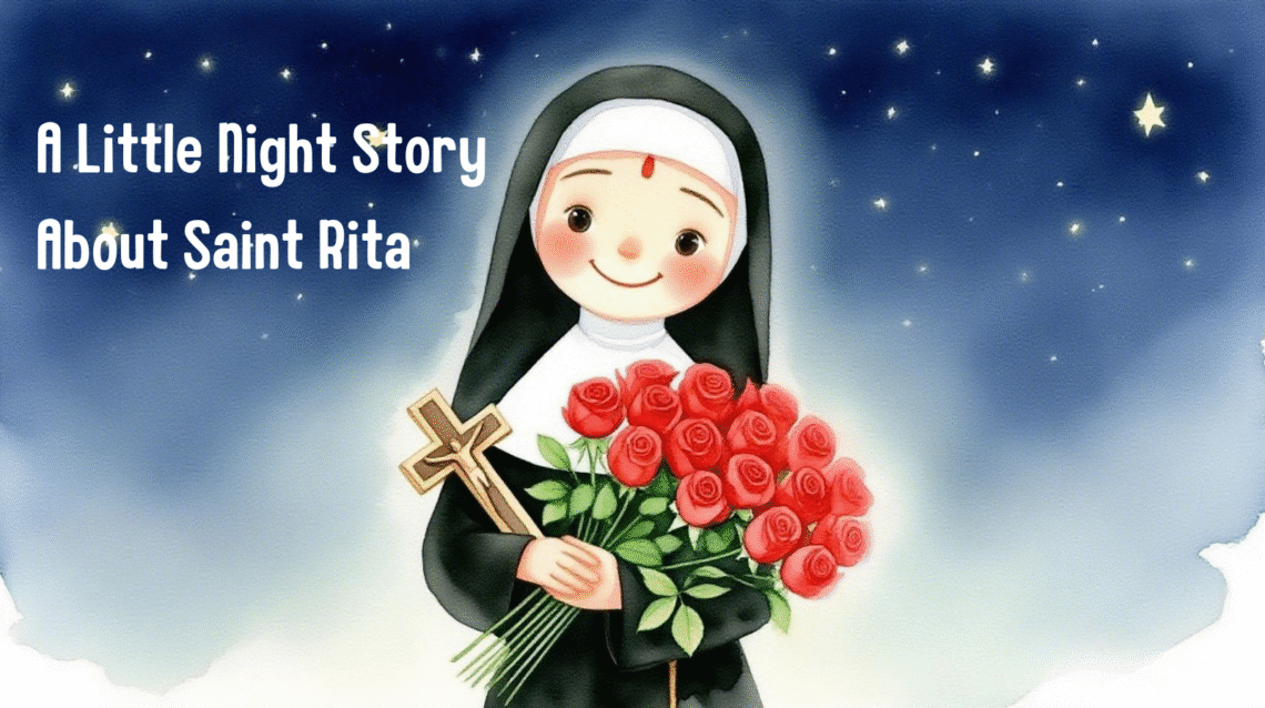 Soft childlike illustration of Saint Rita holding a cross and red roses under a gentle twilight sky, peaceful devotional style for children