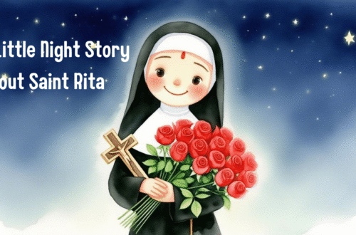 Soft childlike illustration of Saint Rita holding a cross and red roses under a gentle twilight sky, peaceful devotional style for children